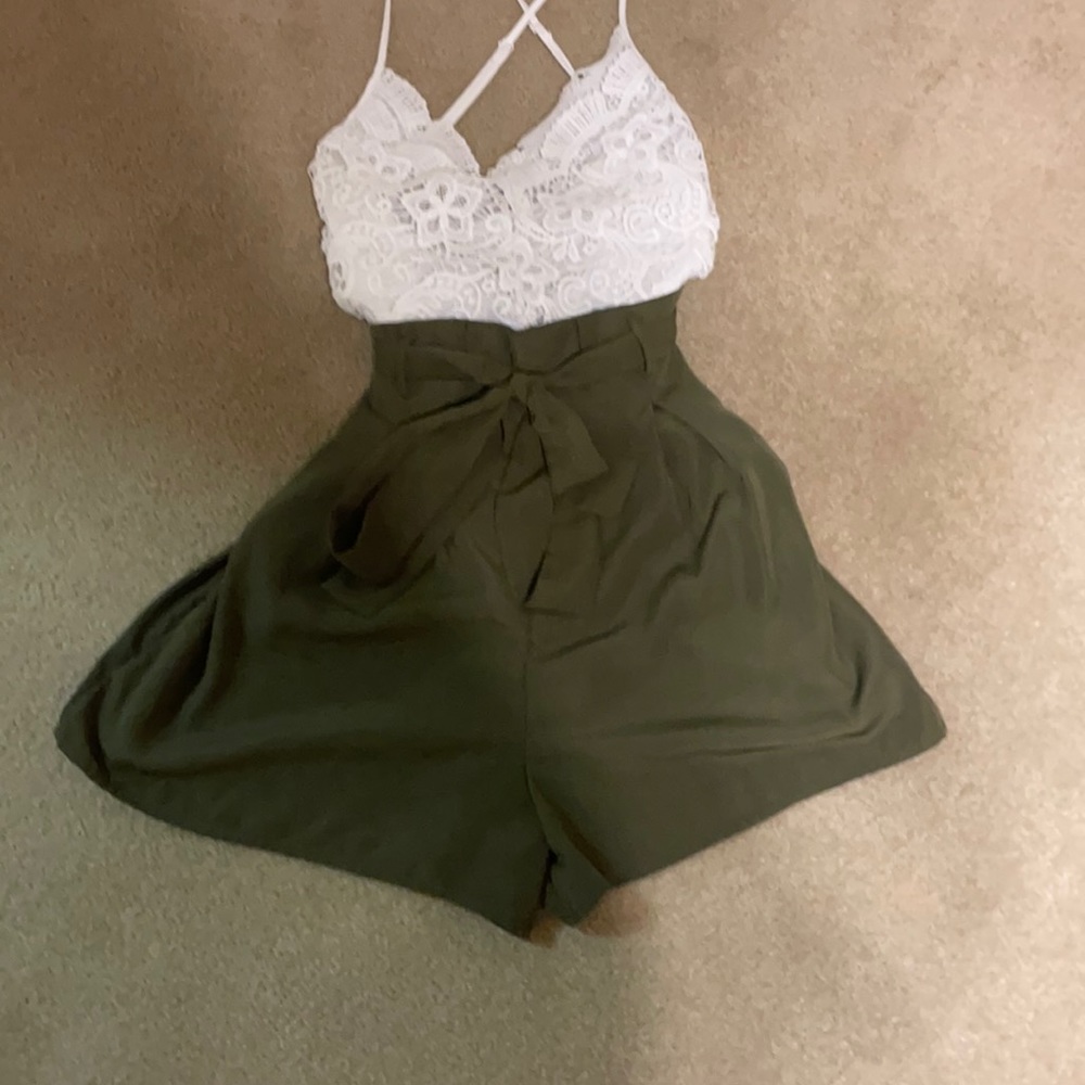 White and army green lace romper
